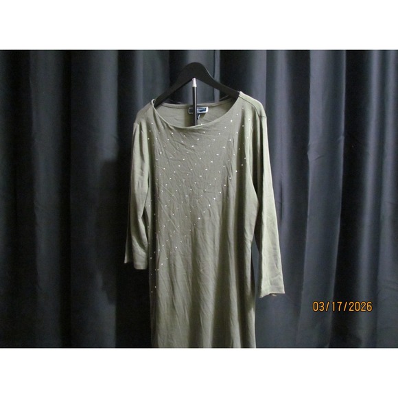 Karen Scott Dresses & Skirts - Karen Scott Sport Olive Green Rhinestone Embellished 3/4 Sleeve Dress Womens